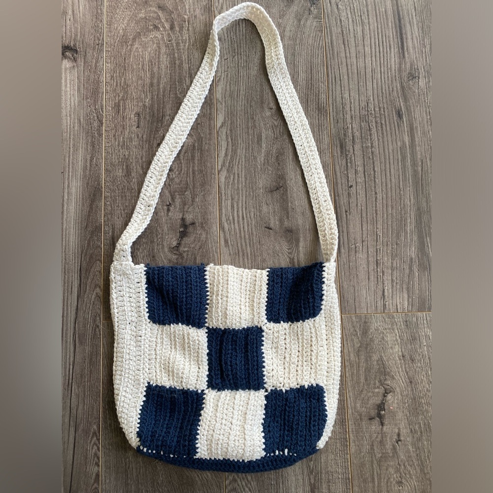 Handmade blue and white checkered knit tote bag